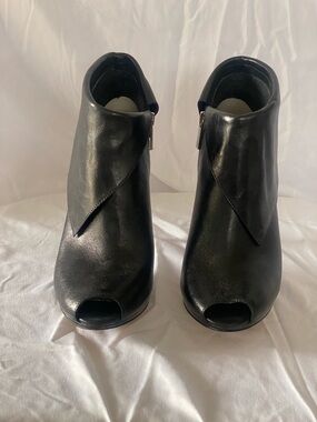 Michael Kors Black Leather Peep-Toe Ankle Booties with Fold-Over Vamp